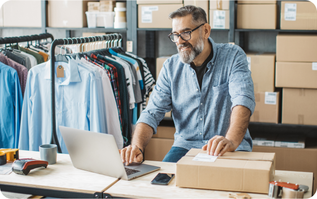 A man gets ready to ship a package from his ecommerce business, looking to his computer for final details