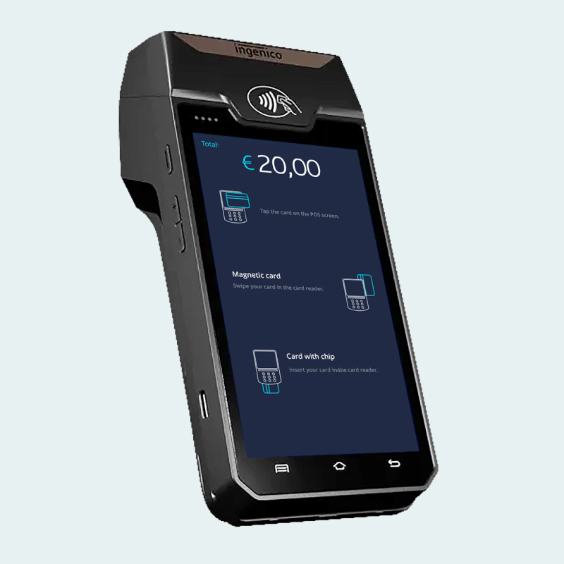 A mobile phone shows a dynamic currency conversion experience on a handheld point of sale