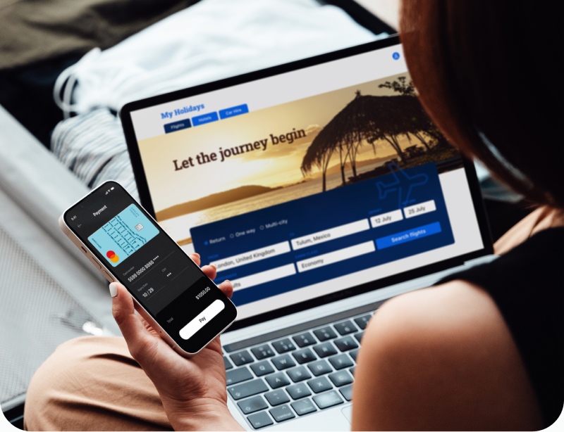 A customer views both a mobile and desktop commerce experience while contemplating a purchase